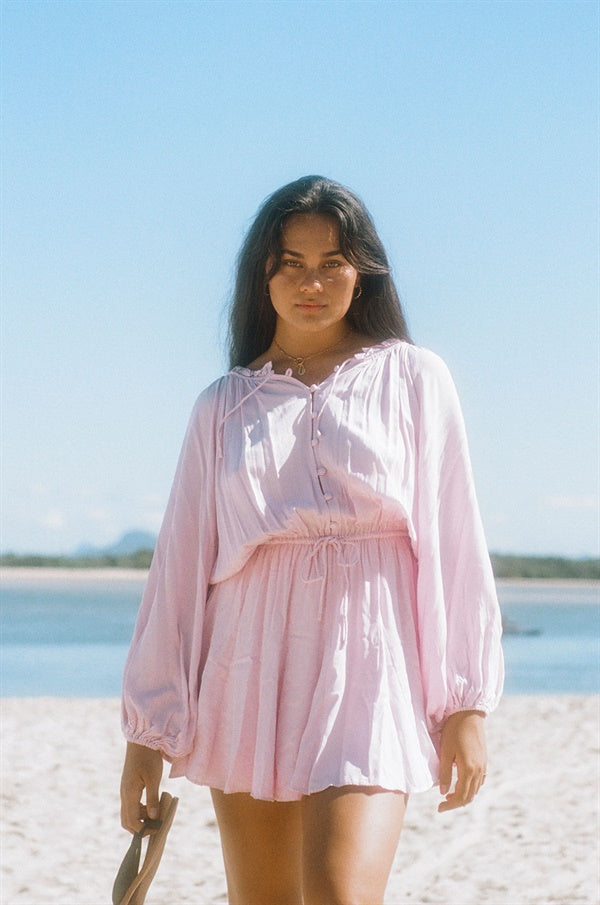 Soft Pink Lightweight Rayon Emmie Dress with Puff Sleeves and Flouncy Skirt