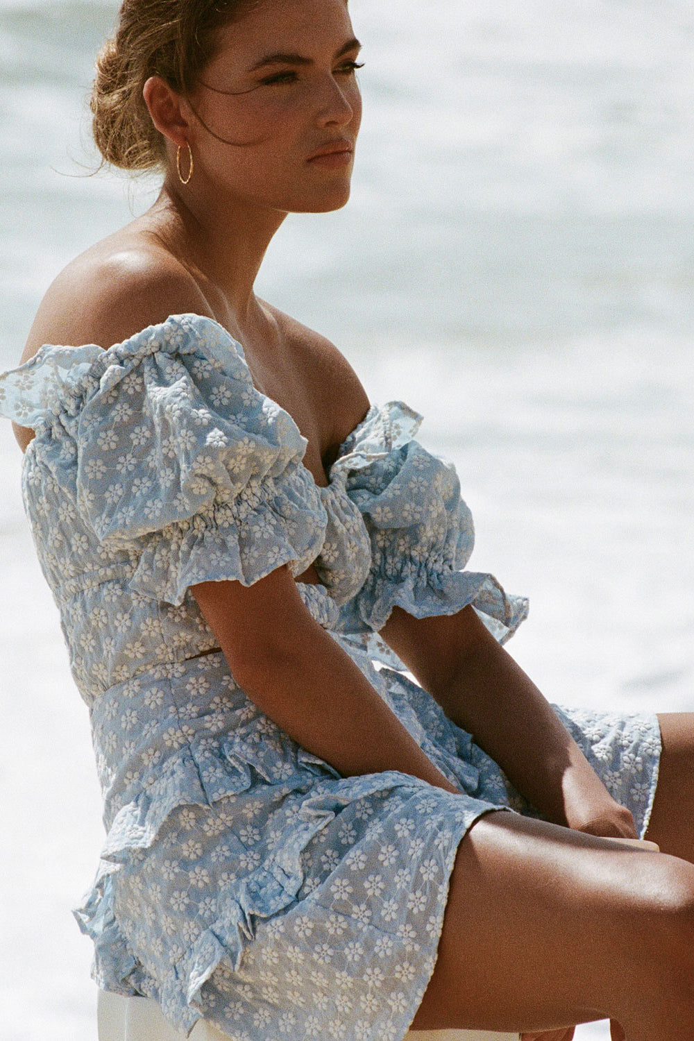 Stylish Blue Jaycee Mini Dress with White Embroidered Flowers
