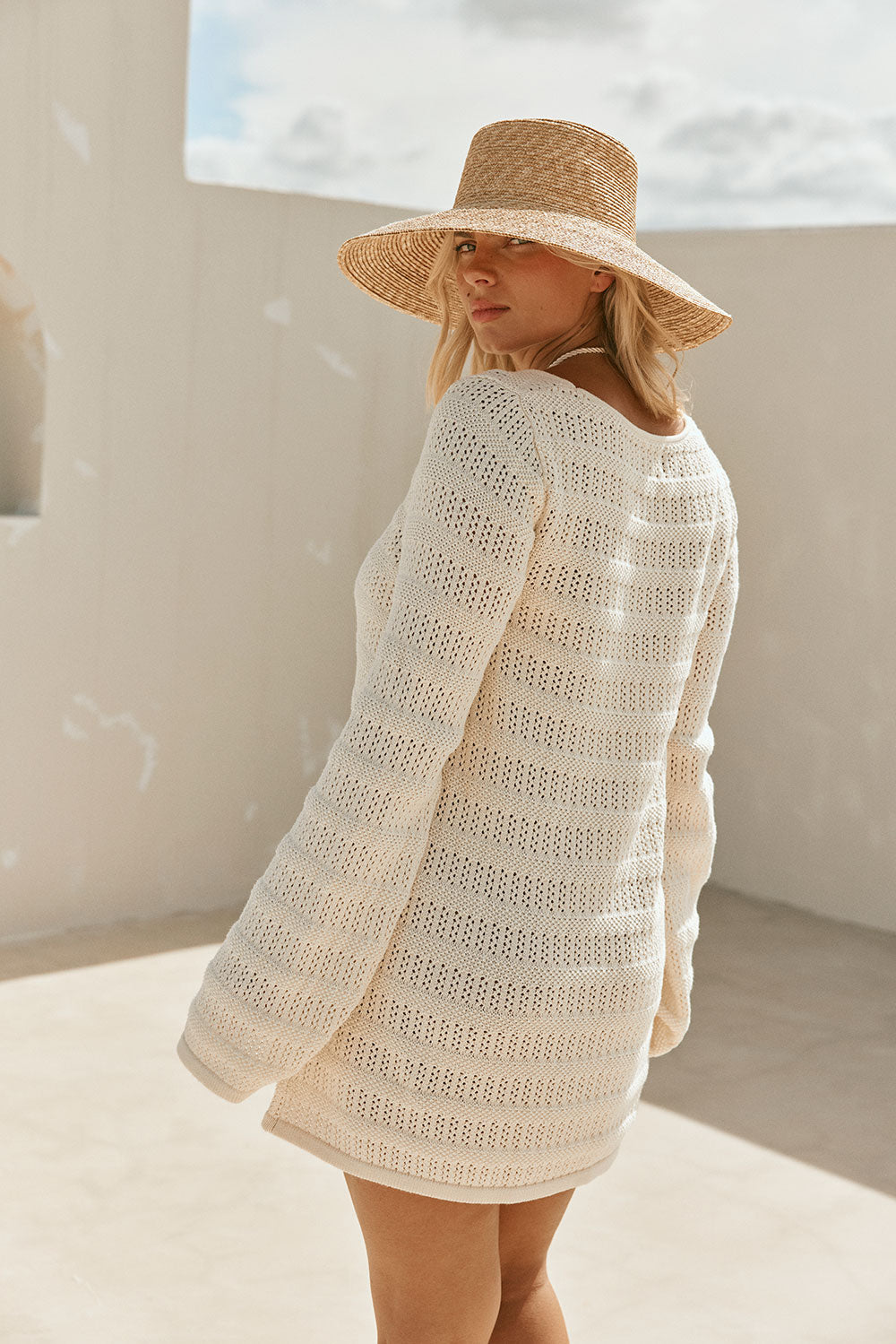 Exclusive Sabo Designed Beige High - Quality Crochet Knit Alaska Summer Dress