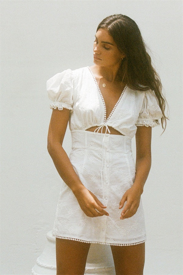 Vintage-Inspired Off-White Broderie Lynx Dress with Crochet Trim