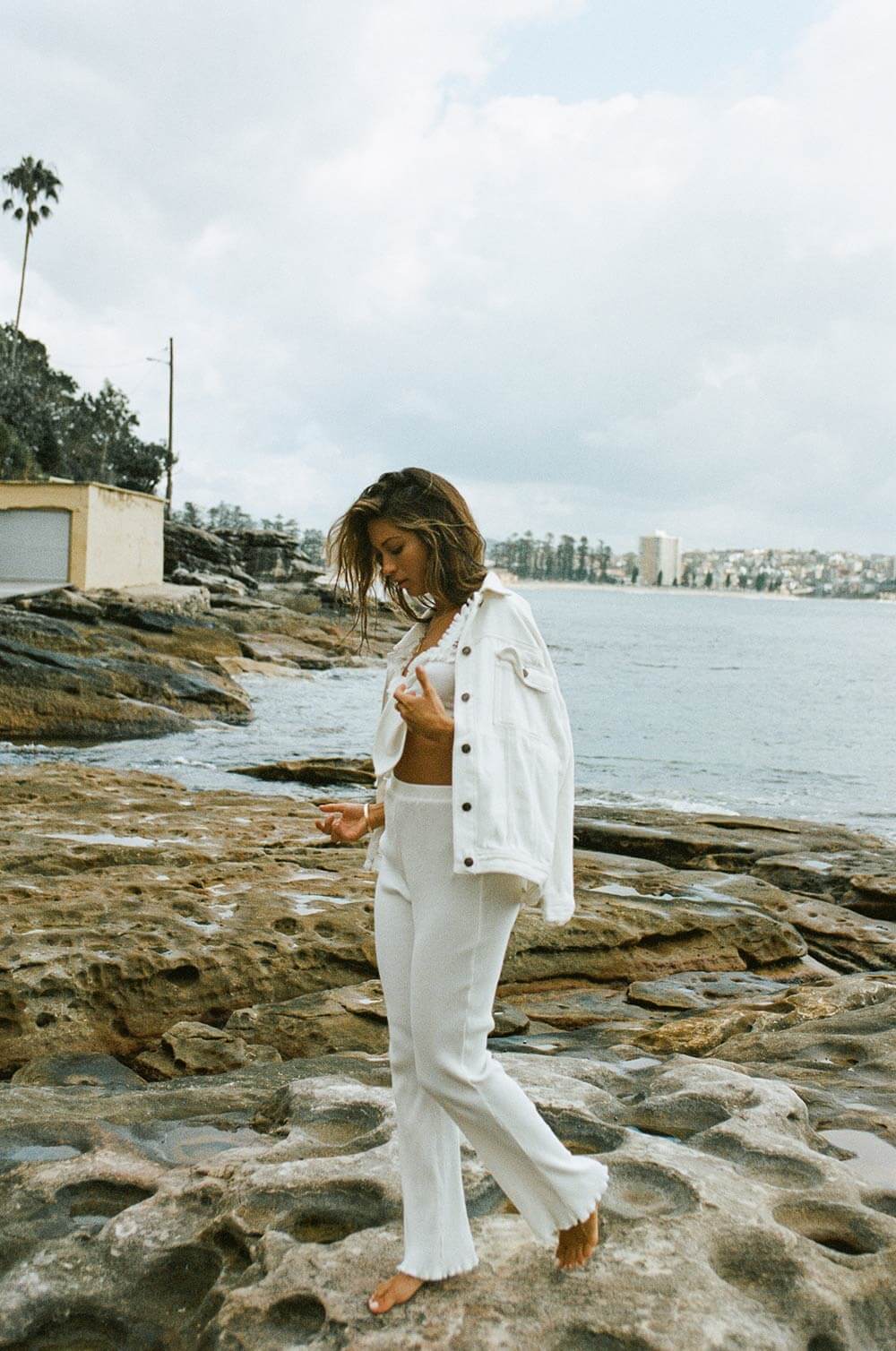 Fashionable Off - white Natural Cotton Blend Ribbed High - waisted Morena Pants