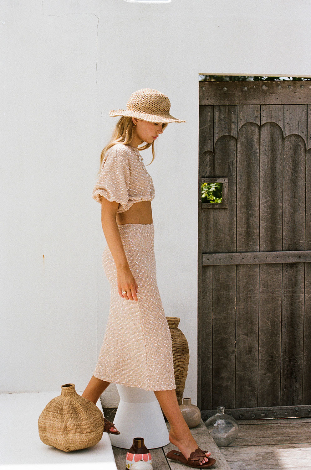 Tan Textured Cotton Blend Boucle Fabric West Style Midi Skirt