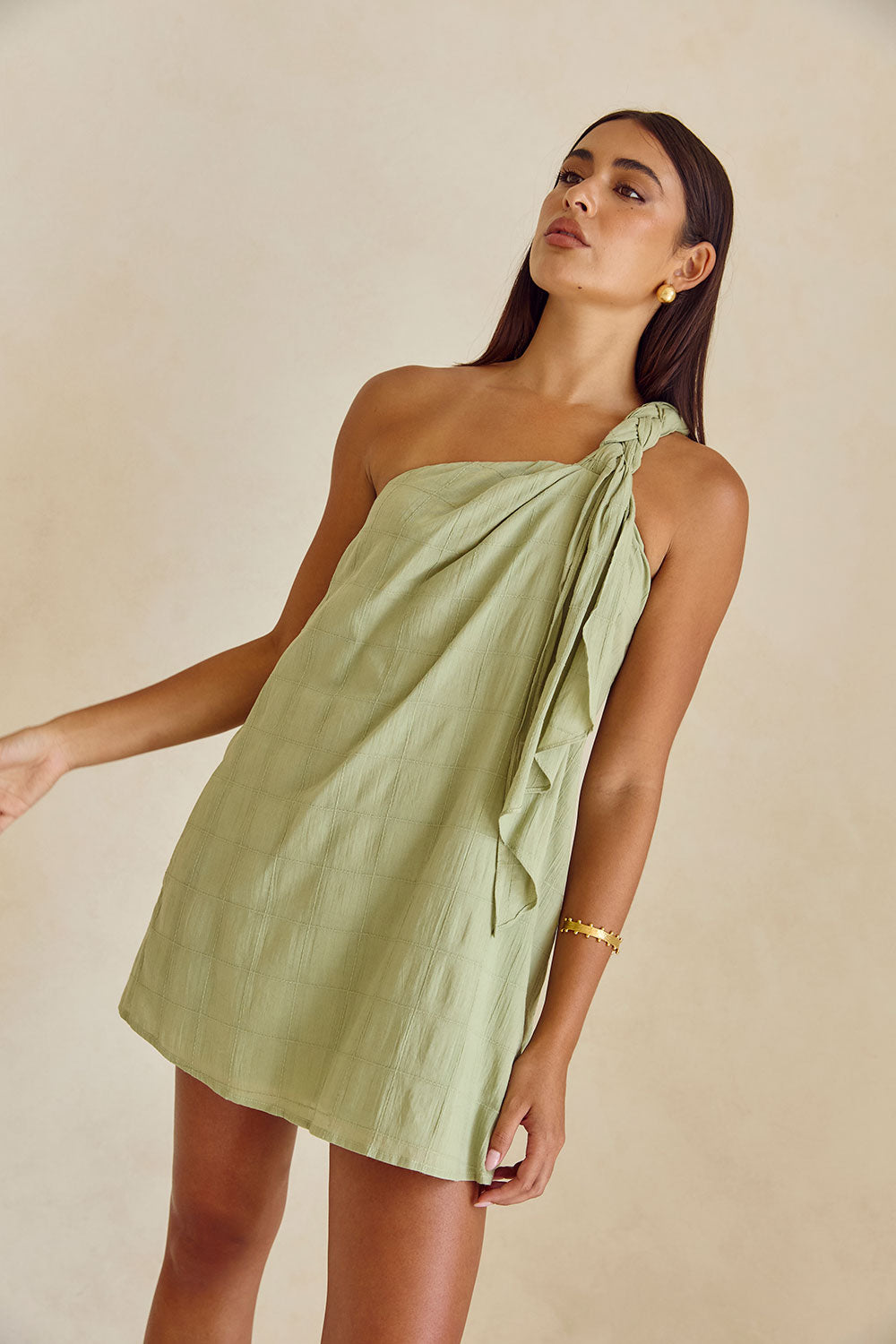 Soft Green Natural Cotton Grazia Plait - Strapped Mini Dress