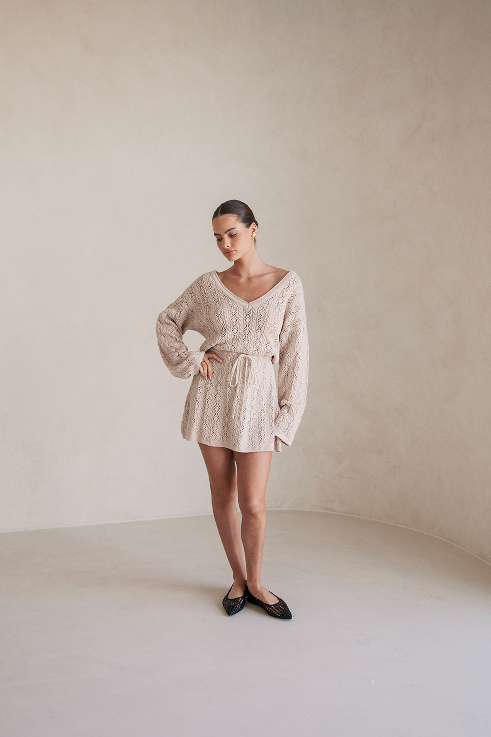High - quality Natural Cotton Pointelle Knit Garnet Season - spanning Dress