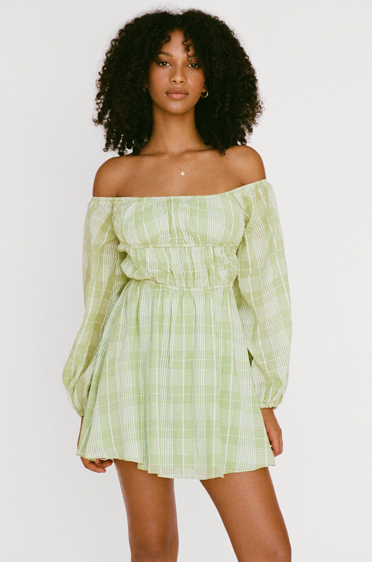 Sabo's Exclusive Lightweight Green White Plaid Off Shoulder Puff Sleeve Dress