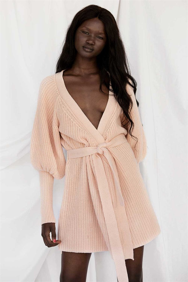 Blush Pink Vintage-Inspired Elle Wrap Knit Dress