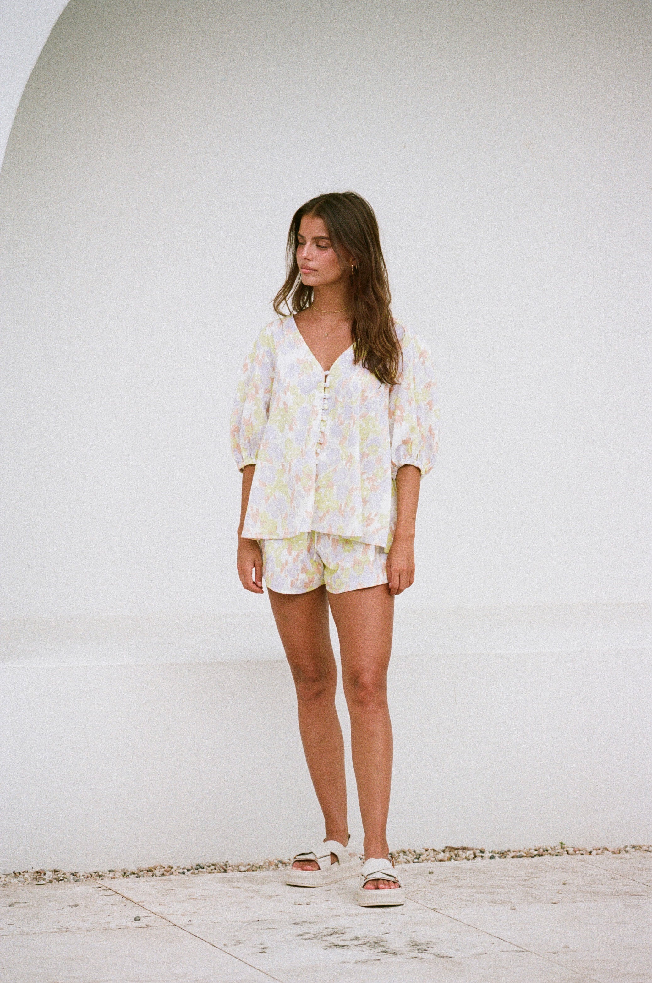 Exclusive Parklyn High - Waisted Natural Cotton Slub Shorts with Lime Print