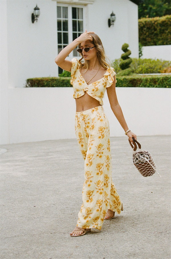 Exclusively Designed Danika Yellow Zipper Crepe Pants with Sunset Tulip Print