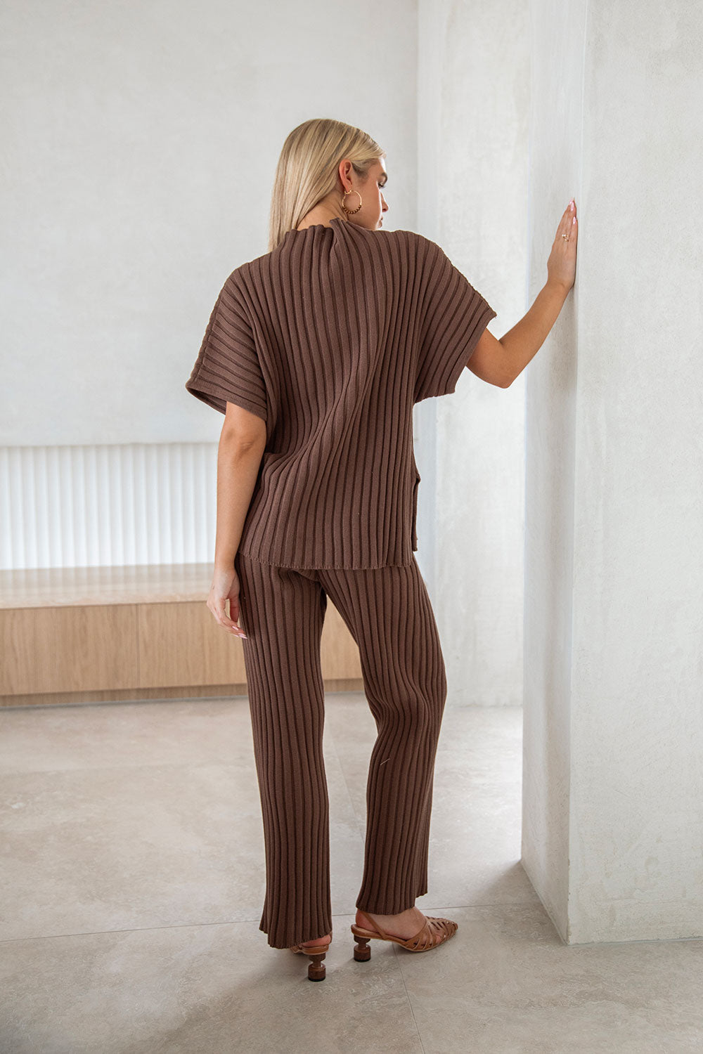 Chocolate Colored Celine Cotton Knit Ribbed Women's Pants
