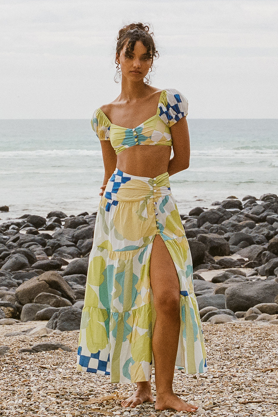 Eye - catching Checker Floral Aliza Cropped Bindi Cotton Voile Top