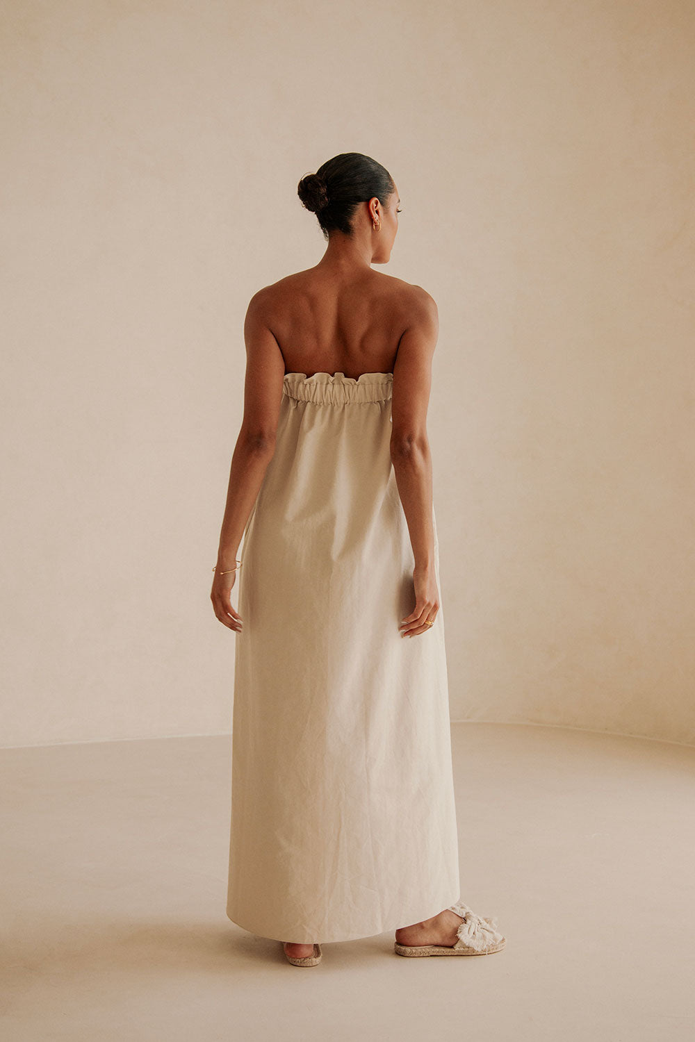 Exquisite Creamy Beige Strapless Ruffle Lila Maxi Dress from SABO x Kayla Boyd