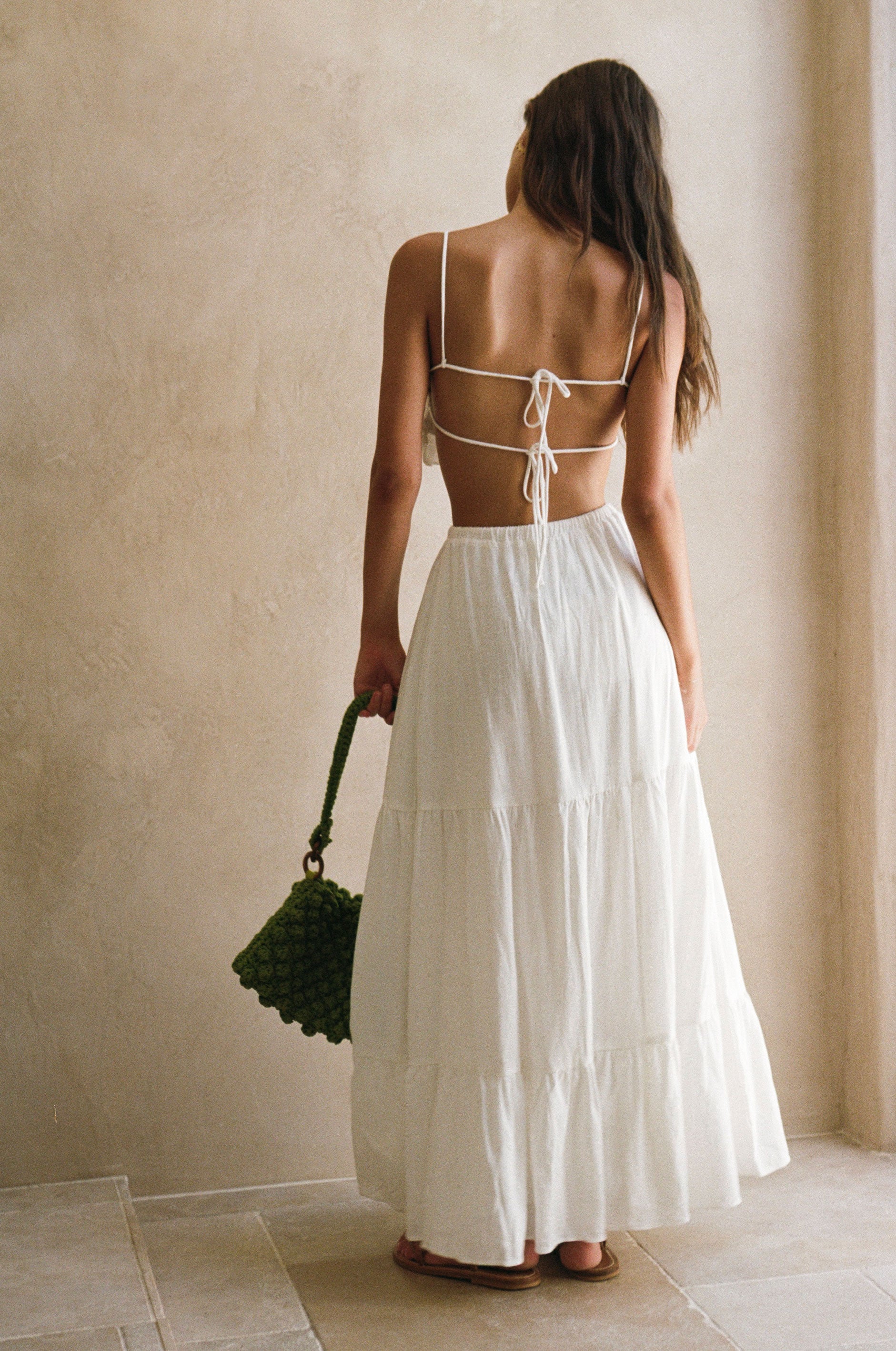 Sabo Exclusive Nyxi Off-White Rayon Linen Blend High-Waisted Elastic Tie Flowy Ankle Grazing Triple Tiered Skirt