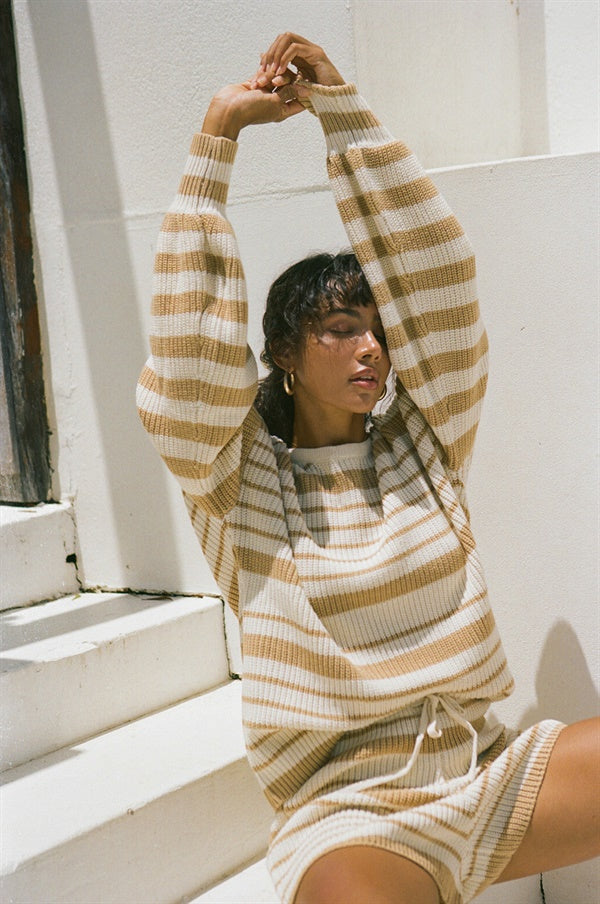 Mirai Women's Cream-colored Ribbed Knit Top with Tan Stripes and Puff Sleeves