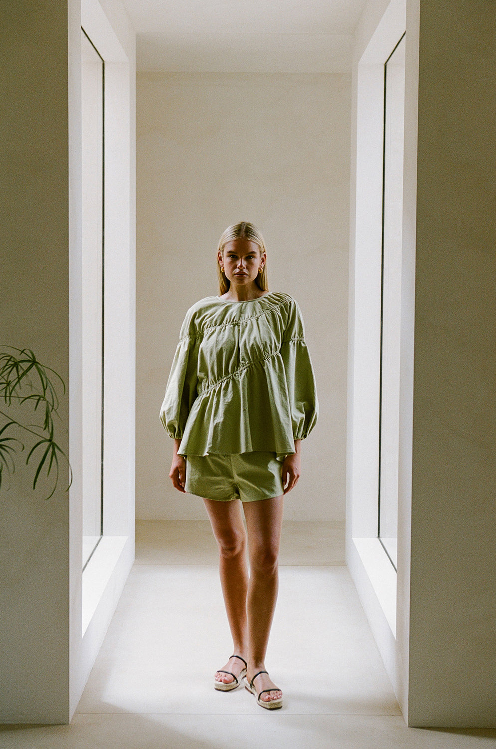 Sabo's Exclusive Creamy Khaki Akel Relaxed Cotton Top with Puff Sleeves