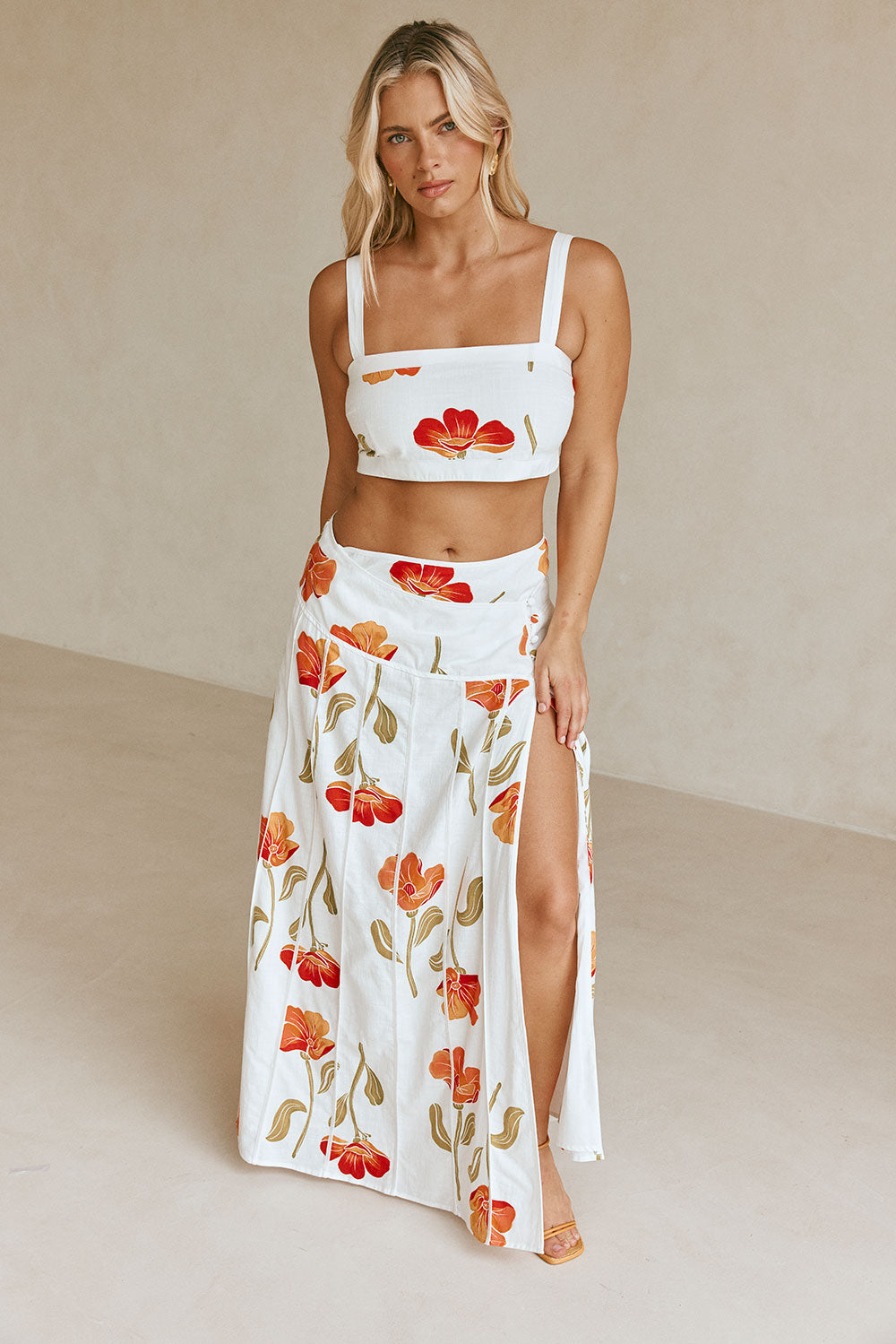 Stylish Estelle Poppy Print High - Waisted Cotton Slub Maxi Skirt