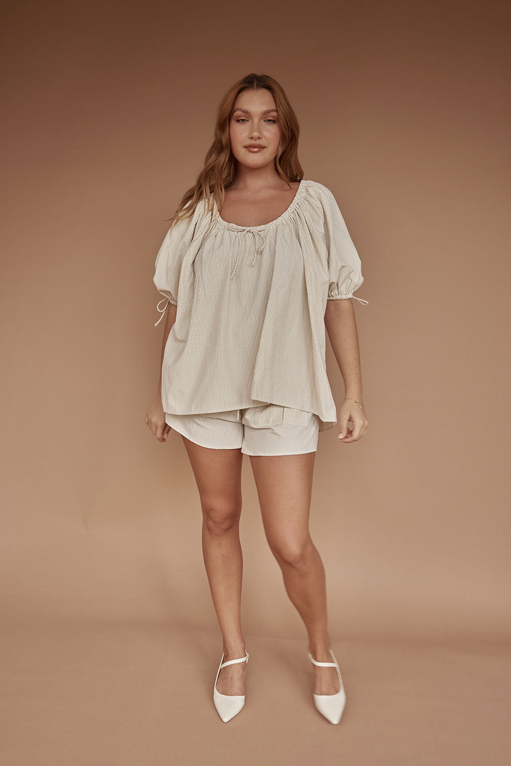 Fashionable Women's Aubree Beige Cotton Stripe Top