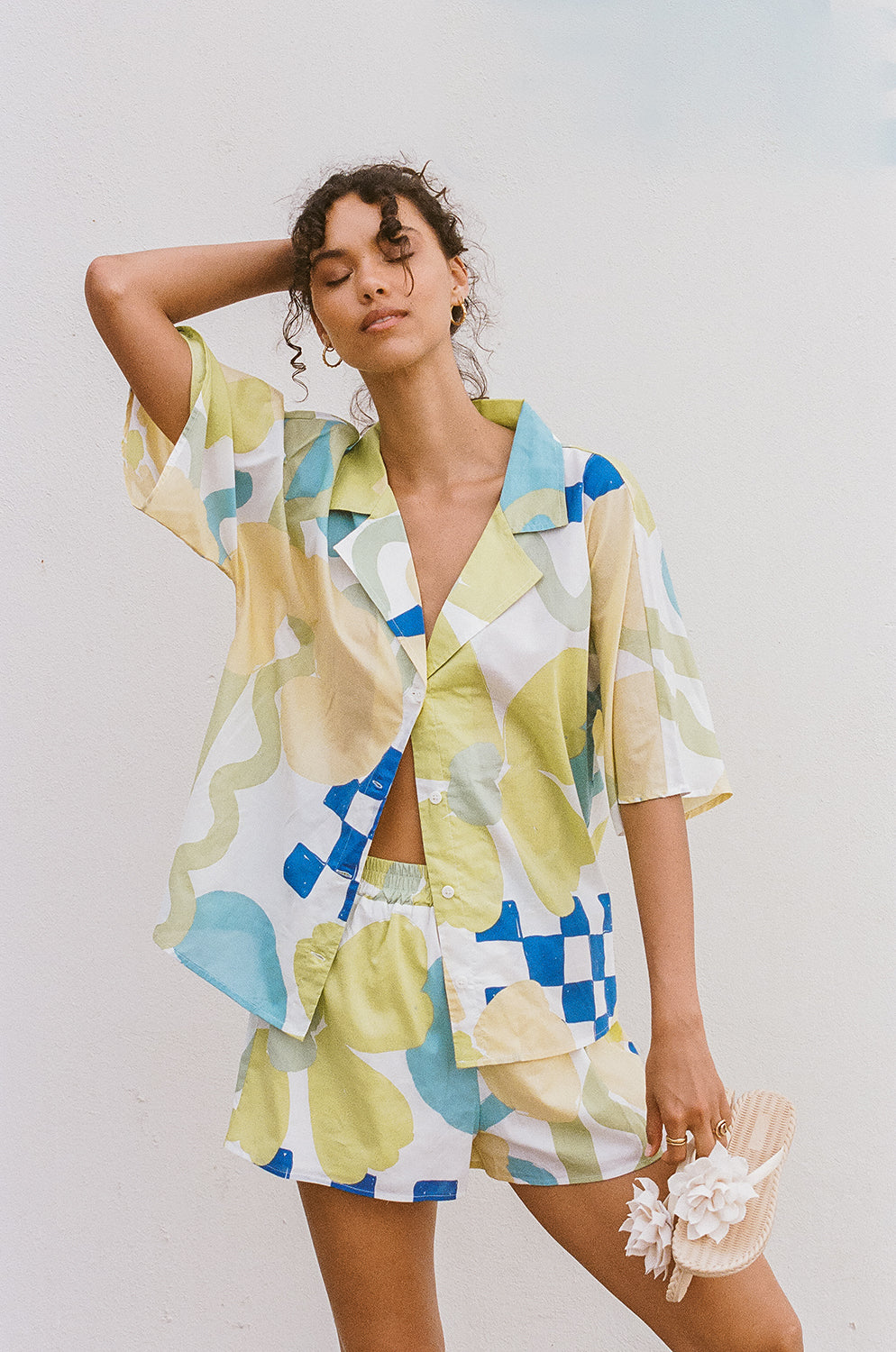 Exclusive Checker Floral Aliza Print Relaxed Natural Cotton Voile Seona Top