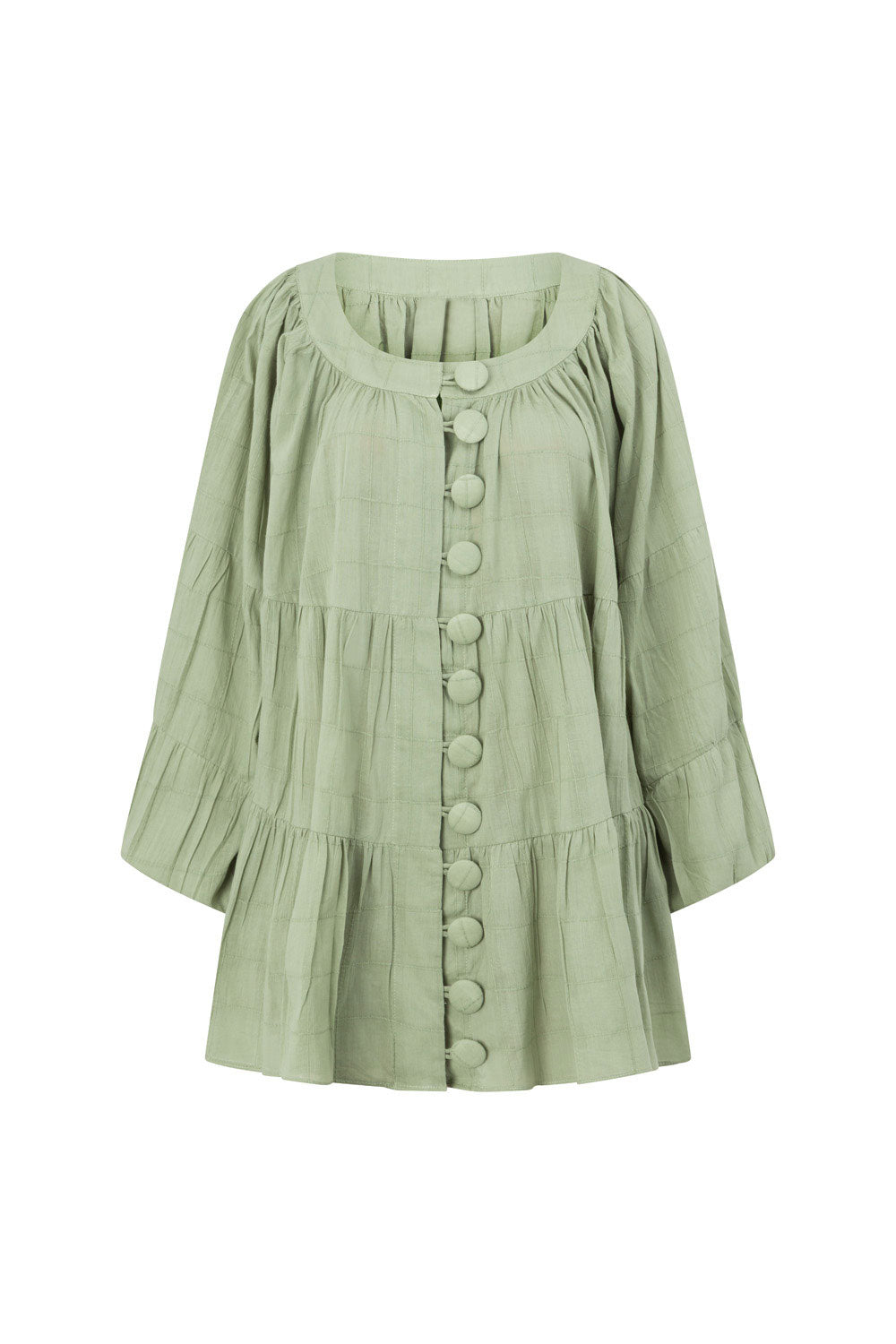 Soft Green Natural Cotton Self Check Stylish Mini East Dress
