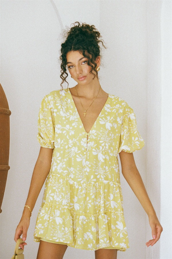 Stylish Yellow Floral Print Tarelle Women's Dress