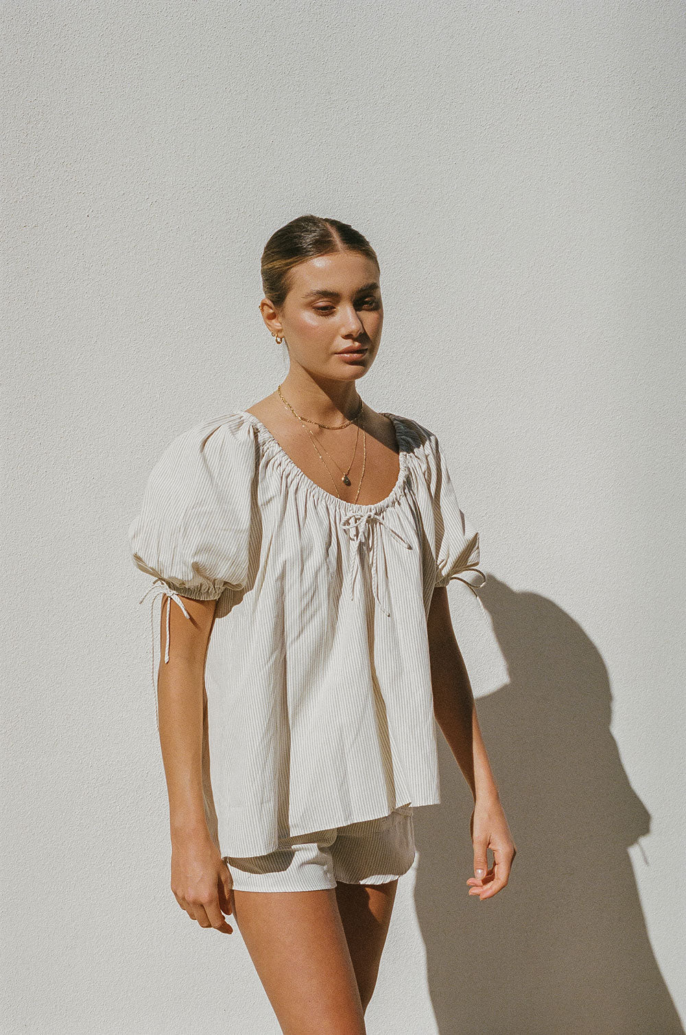 Fashionable Women's Aubree Beige Cotton Stripe Top