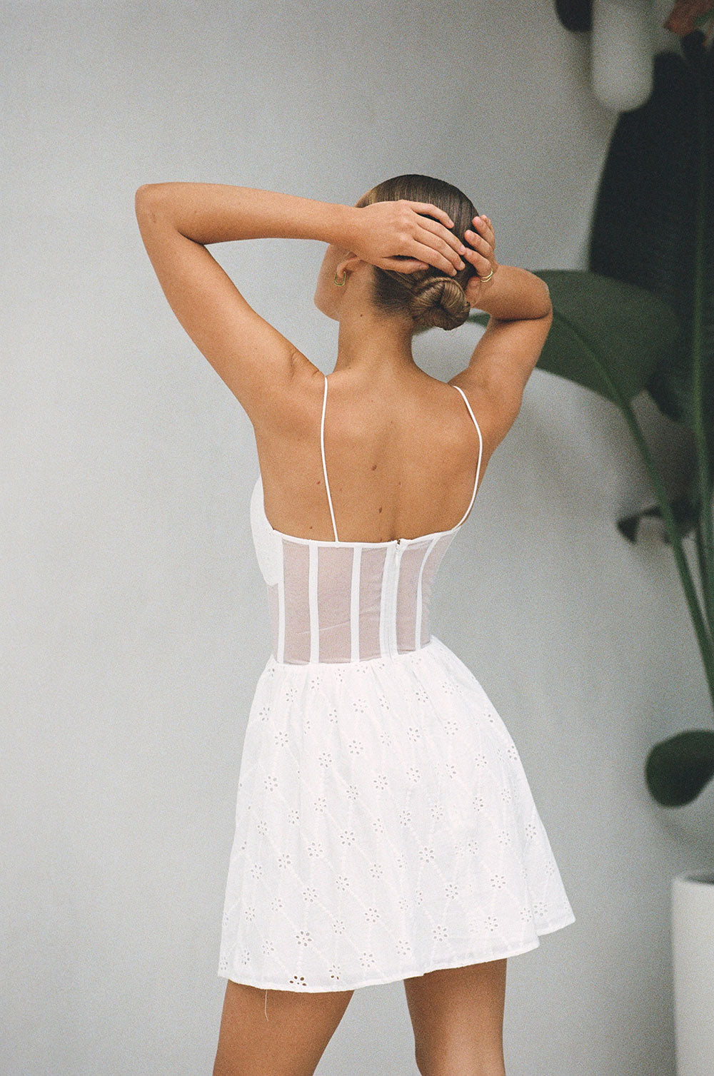 Exquisite White Cotton Salita Bridal Dress with Broiderie Detailing