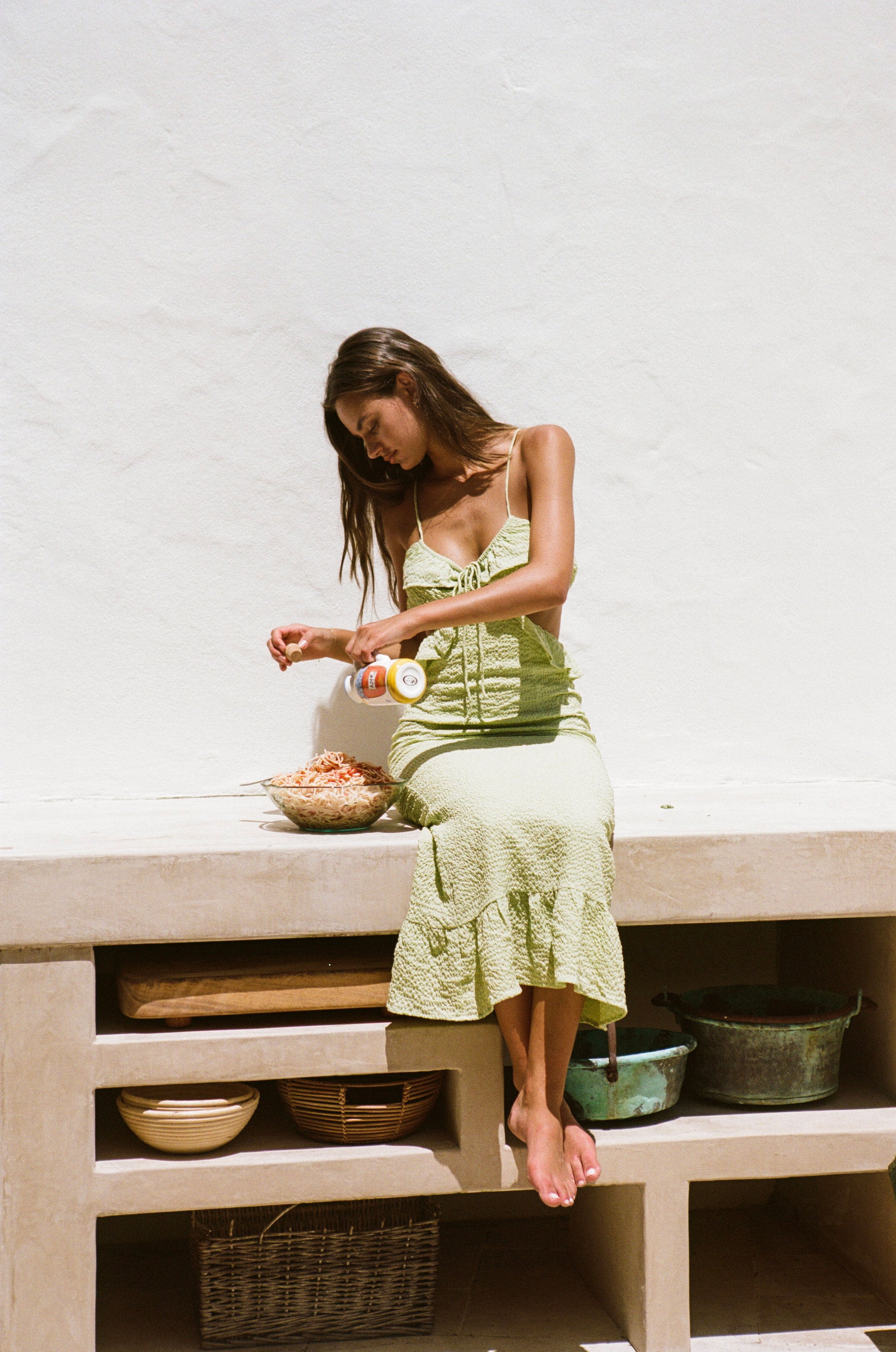 Stunning Green Textured Bubble Fabric Junelle Midi Dress with Frills