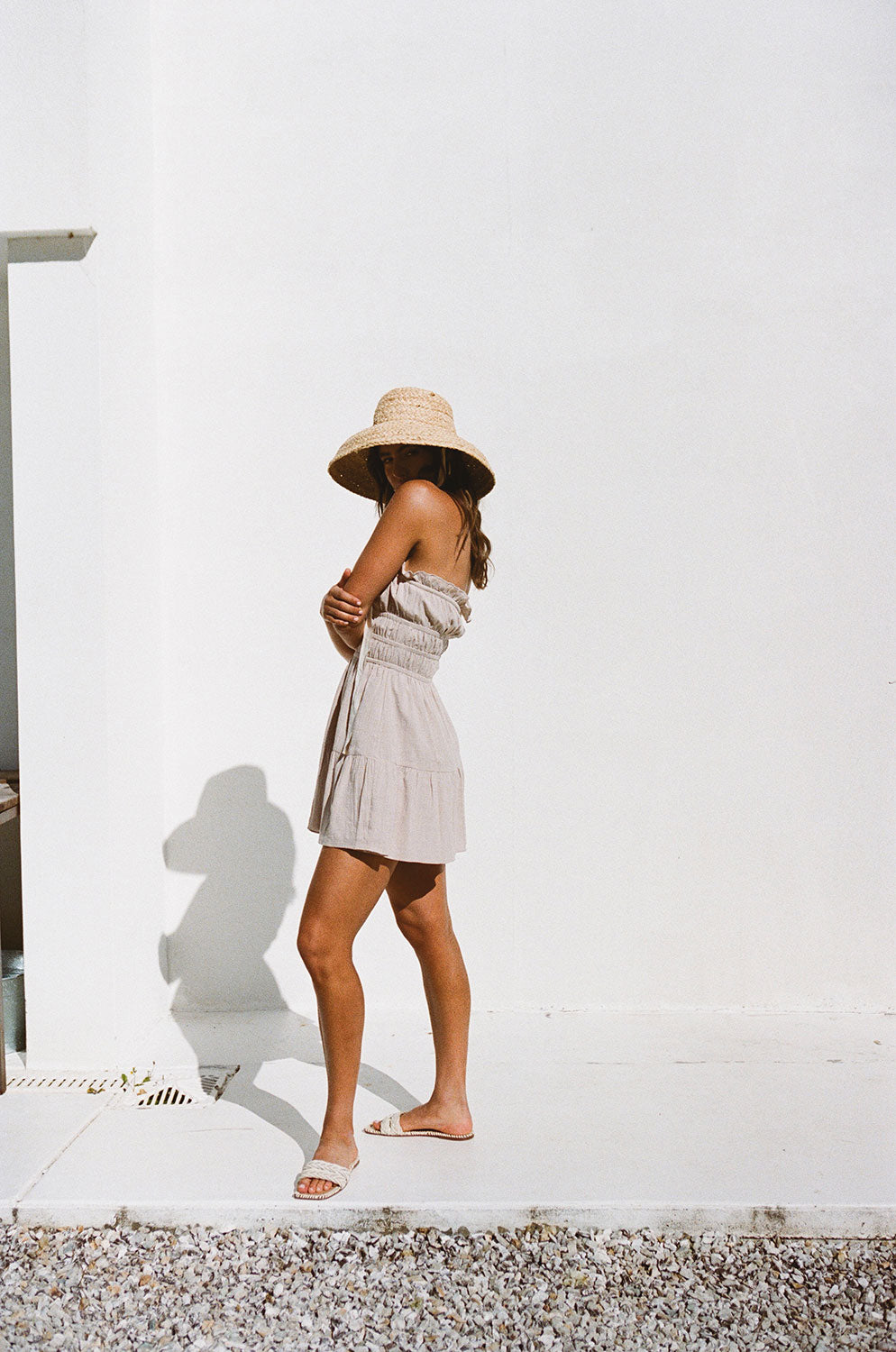 Beige Textured Cotton Blend Strapless Alaria Summer Dress