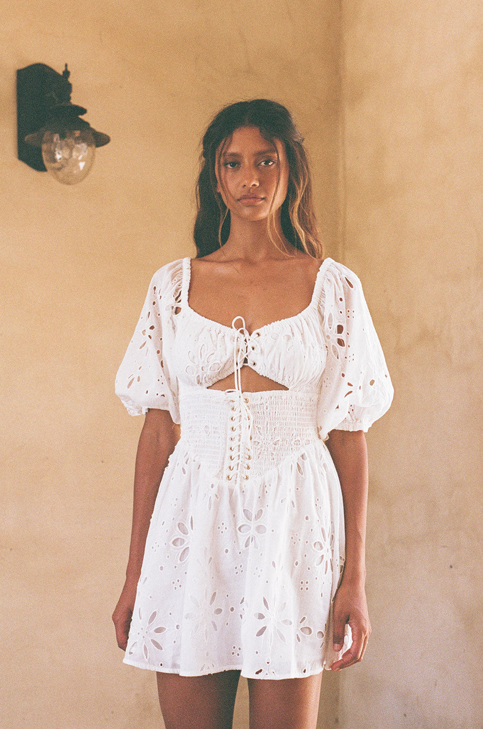 SABO LUXE White Cotton Broderie Off - Shoulder Tatum Bridal and Date - Night Dress