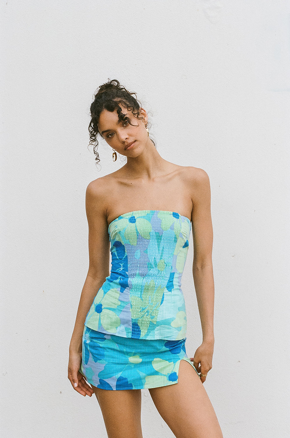 Exclusive Lyric Strapless Cotton Slub Top with Bold River Floral Print