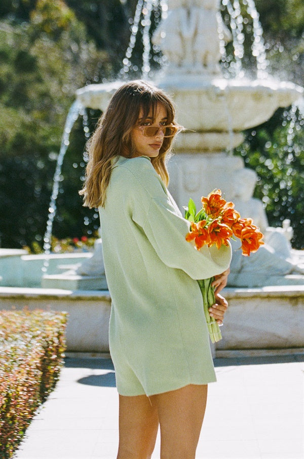 Soft Green Jayla Playsuit with Puff Sleeves and High - Low Hems