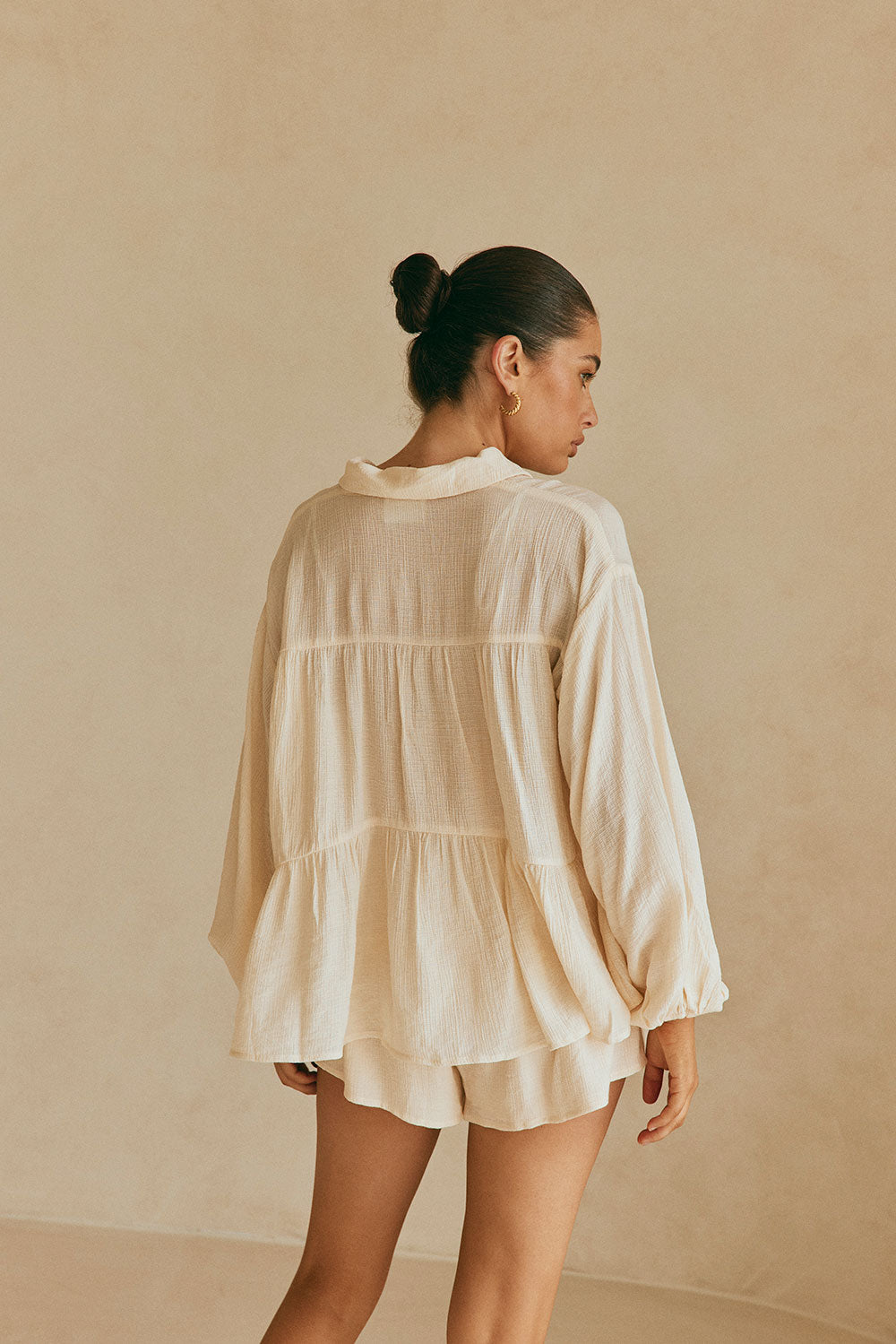Cream-colored Lightweight Huxley Top with Puff Sleeves