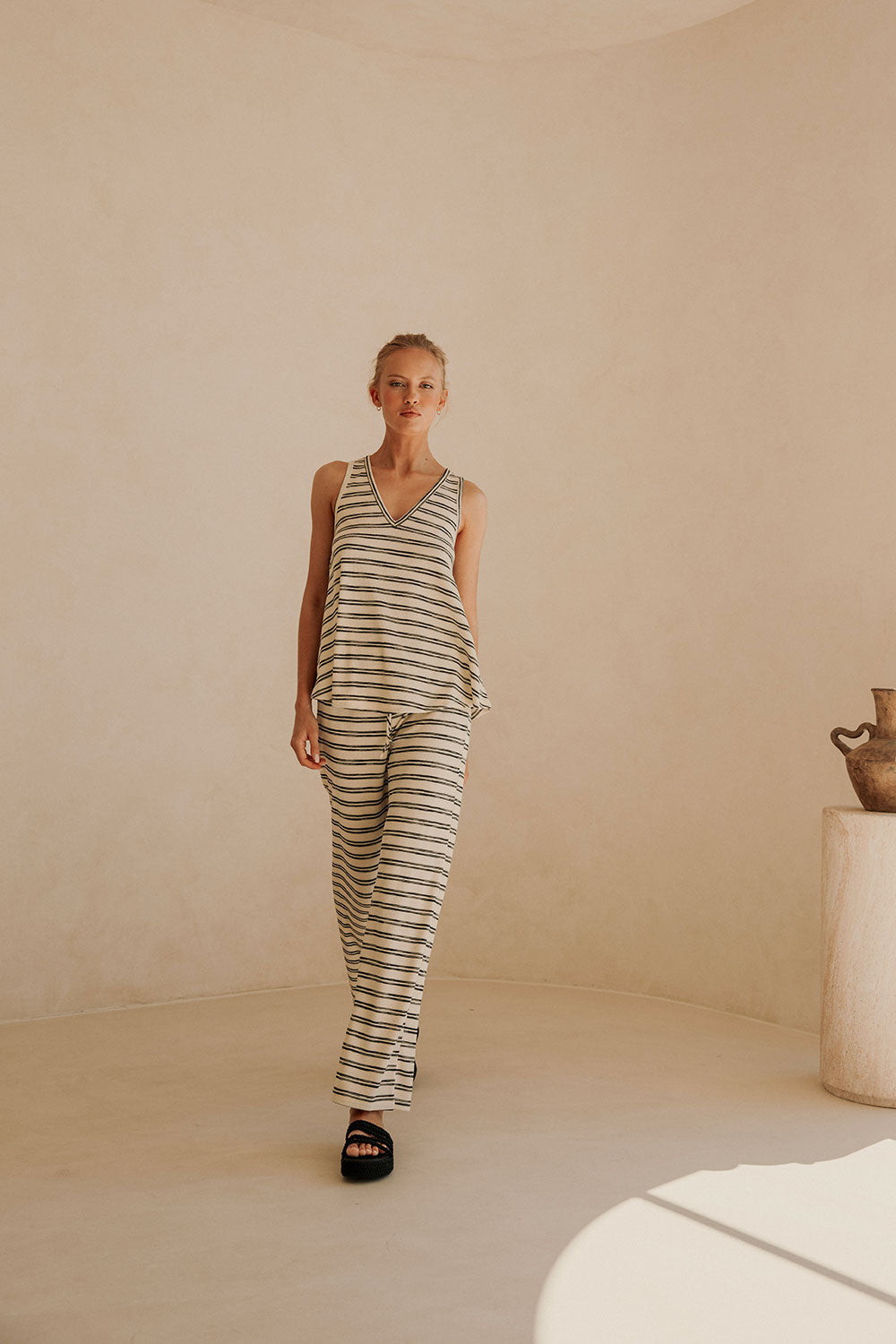 Cosy Striped Lana Top with V Neck and A - line Hem