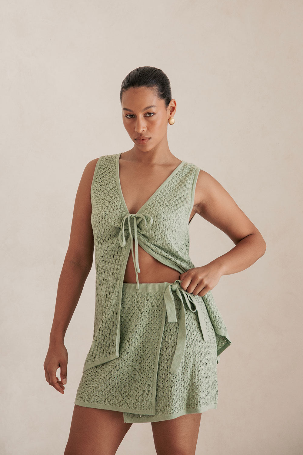 Exclusively Designed Allona Women's Sage Cotton Blend Pointelle Knit Wrap Mini Skirt