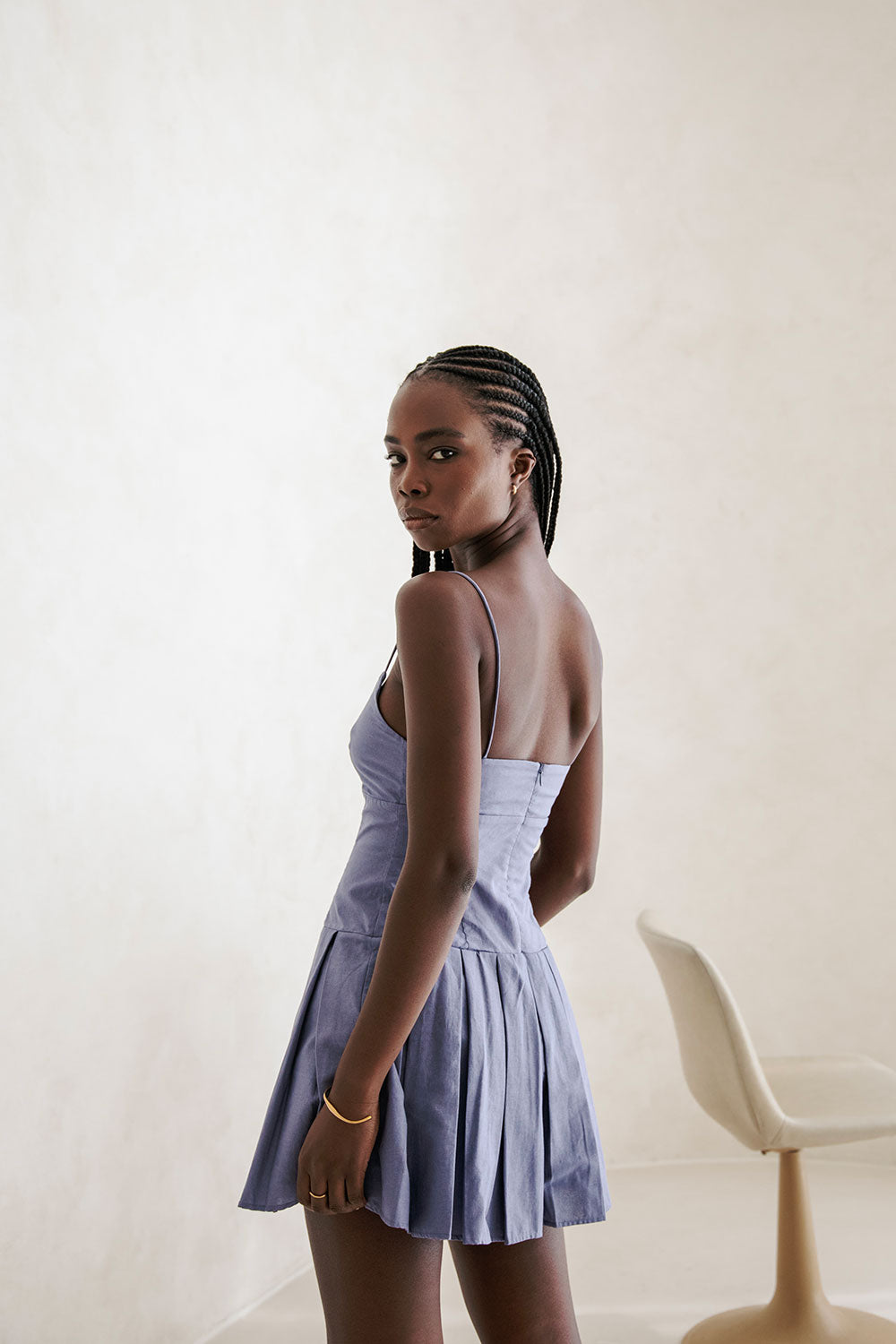 Exquisite Angelica Feminine Blue Linen Cotton Blend Dress