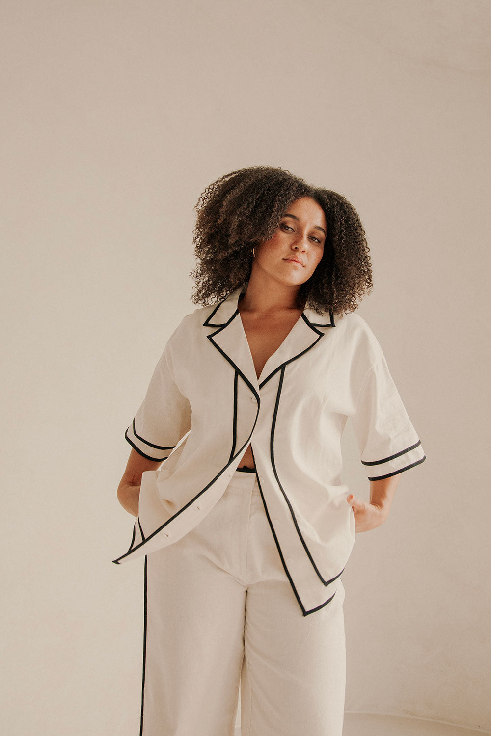 Elegant Cream Linen-Cotton Blend Lively Top with Black Bind Details