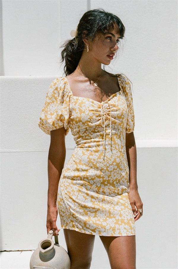 Tuscan-Inspired Women's Mustard Floral Print Tarryn Dress