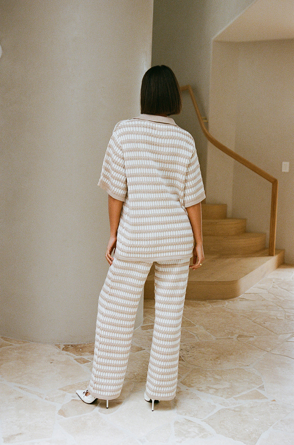 Vintage-Inspired Aya Cream and Tan Striped Relaxed Knit Top