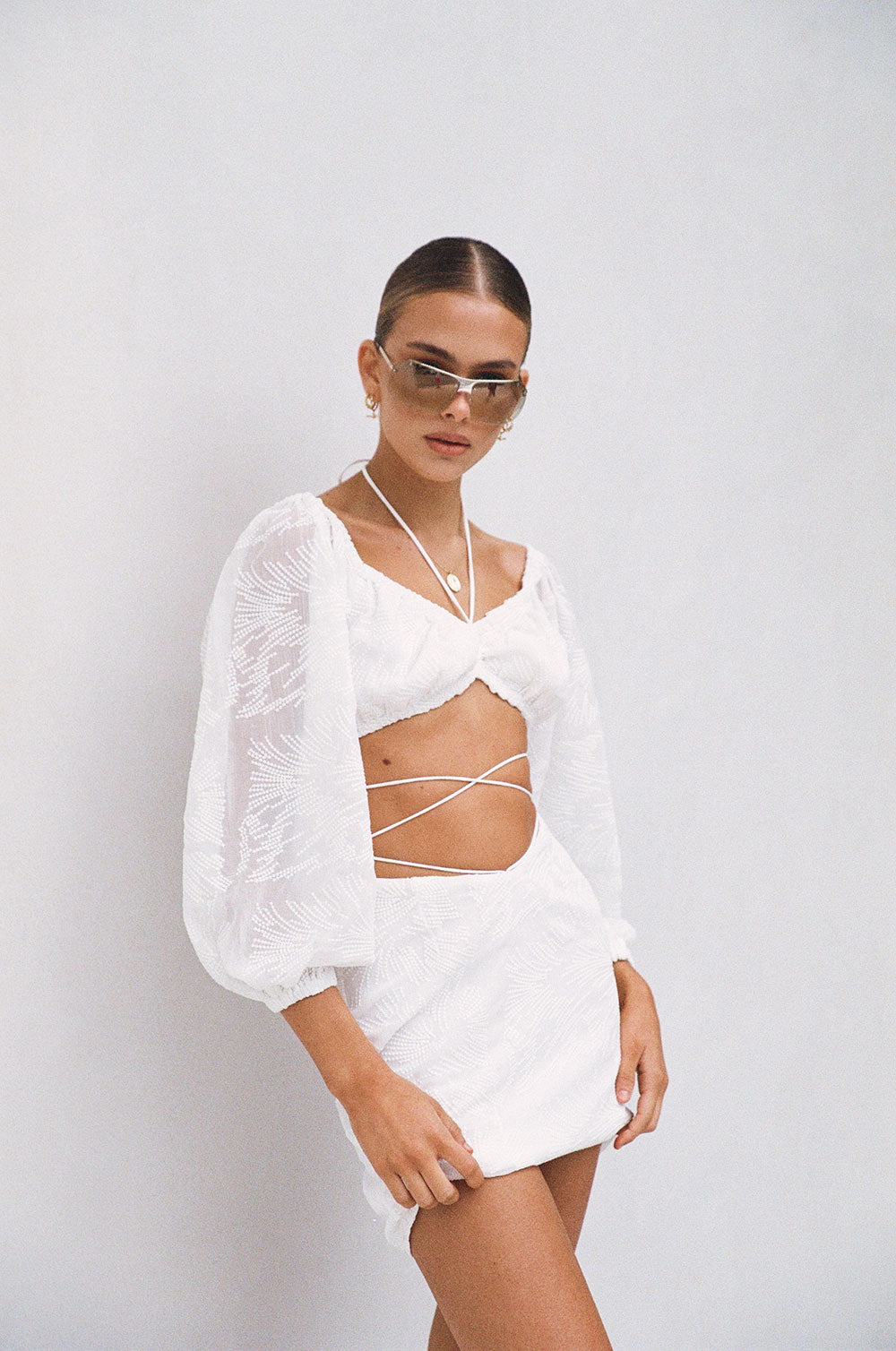 Exclusive Sabo Anita White Embroidered Off Shoulder Dress with Puff Sleeves