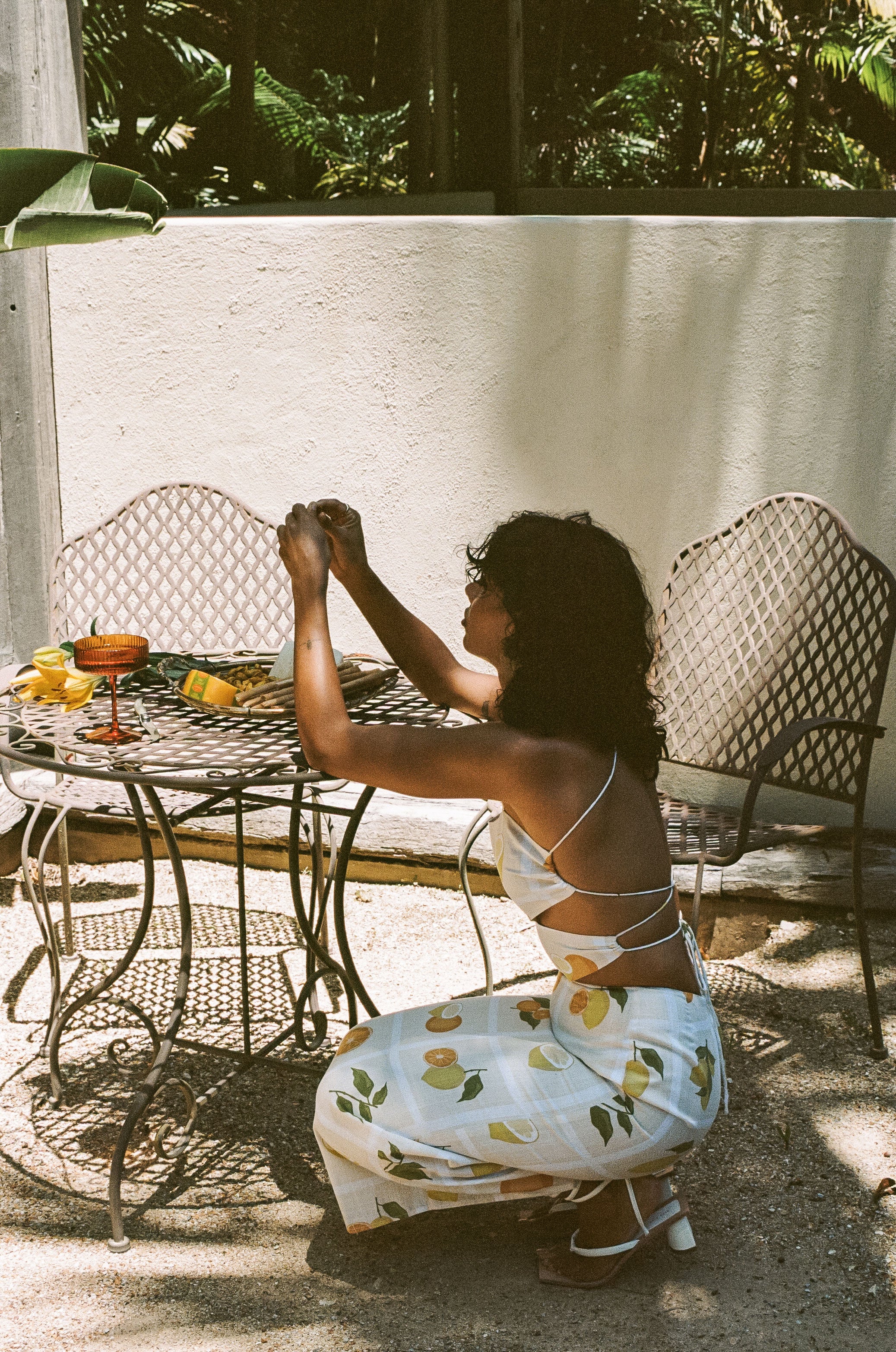 Exclusive Cream-Hued Arion Midi Dress with Citrus Print and White Checks