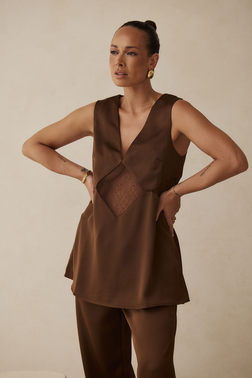 Chocolate Brown Silky V Neck Zuri Top from SABO x Kayla Boyd Collection