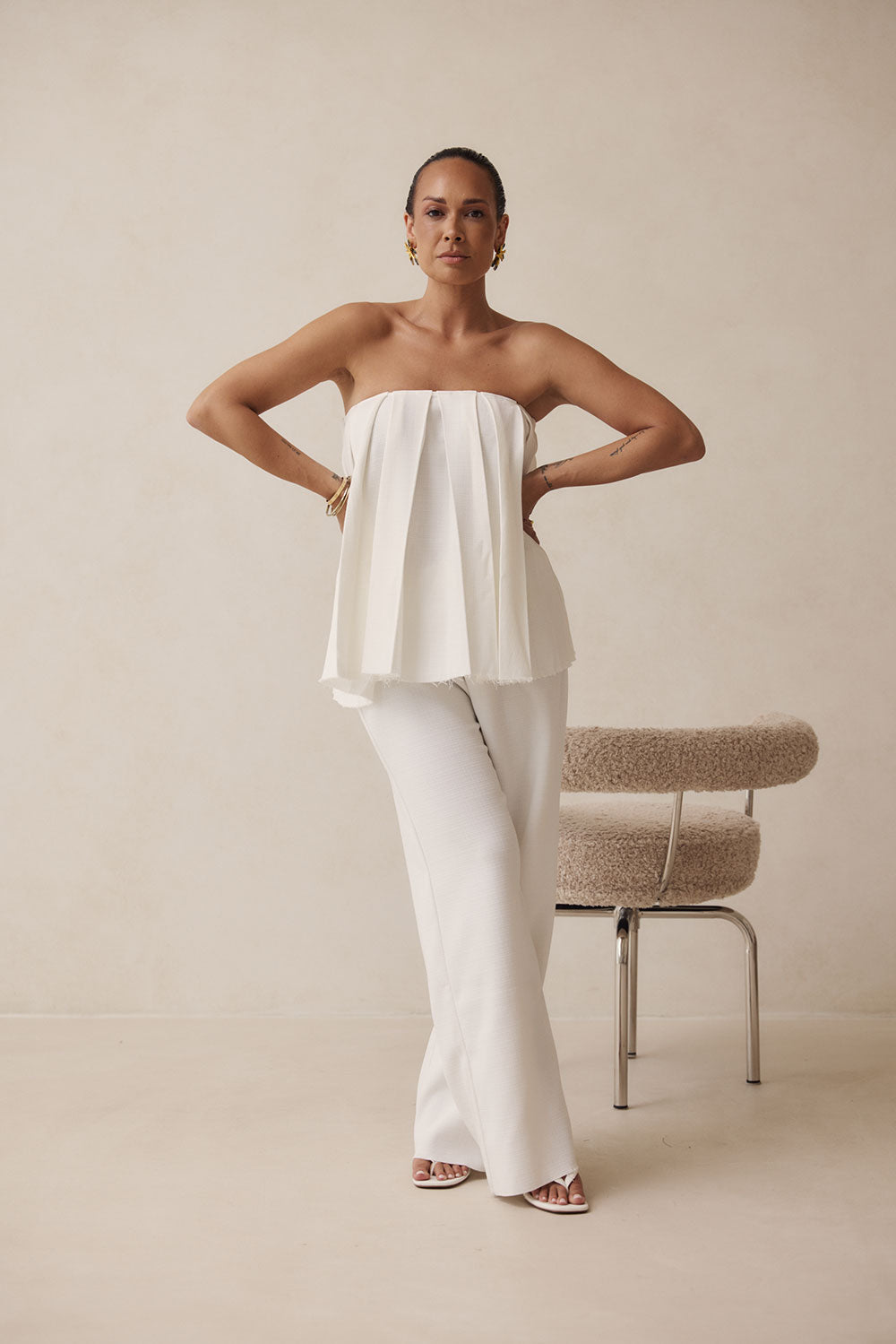 Stylish White Structured Kamila Pants with Elastic Waist and Drawstring