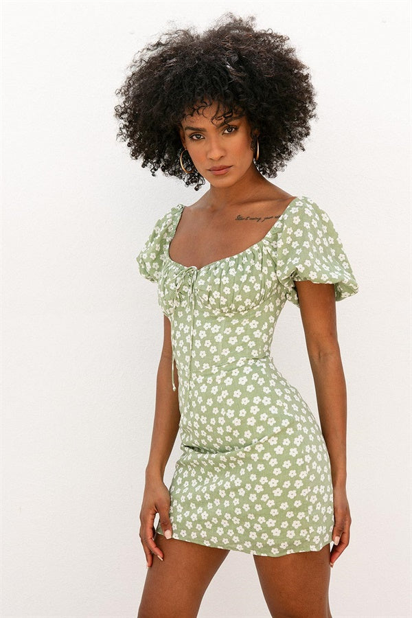 Green Floral Ariana Vacation Dress with Short Puff Sleeves