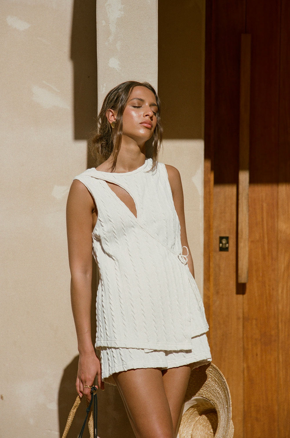 Exclusively Designed Sabo High-Waist Adjustable-Tie Cream Textured Jojo Shorts