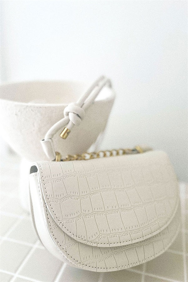 Elegant Cream Vegan Croc Skin Lima Saddle Bag for Fashion Lovers