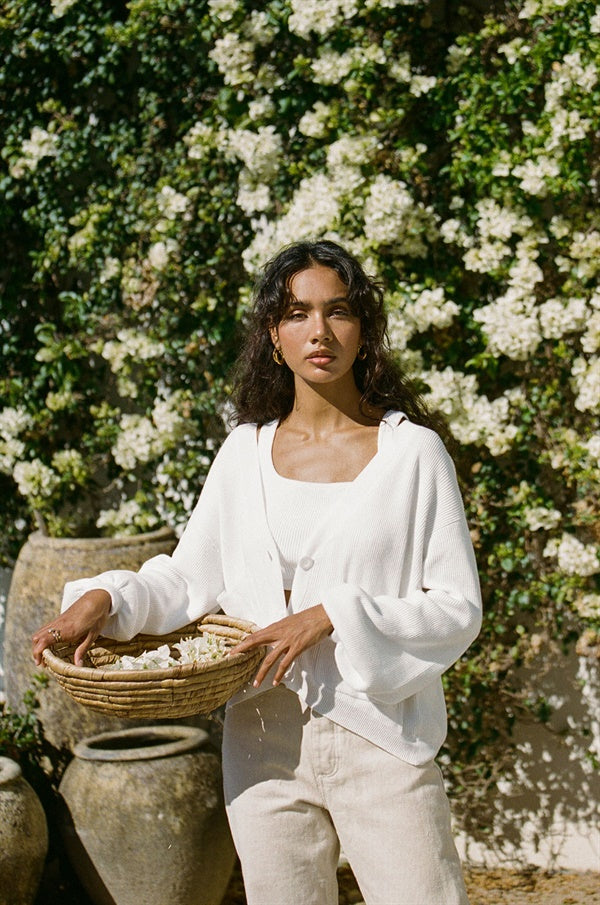 White Lightweight Ribbed Evalia Cardigan for Cooler Months