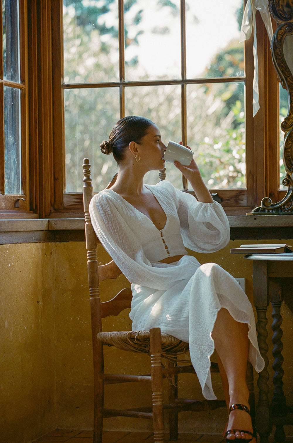 Exclusively Designed Off-White Textured Crepe Tasmin Top with Puff Sleeves