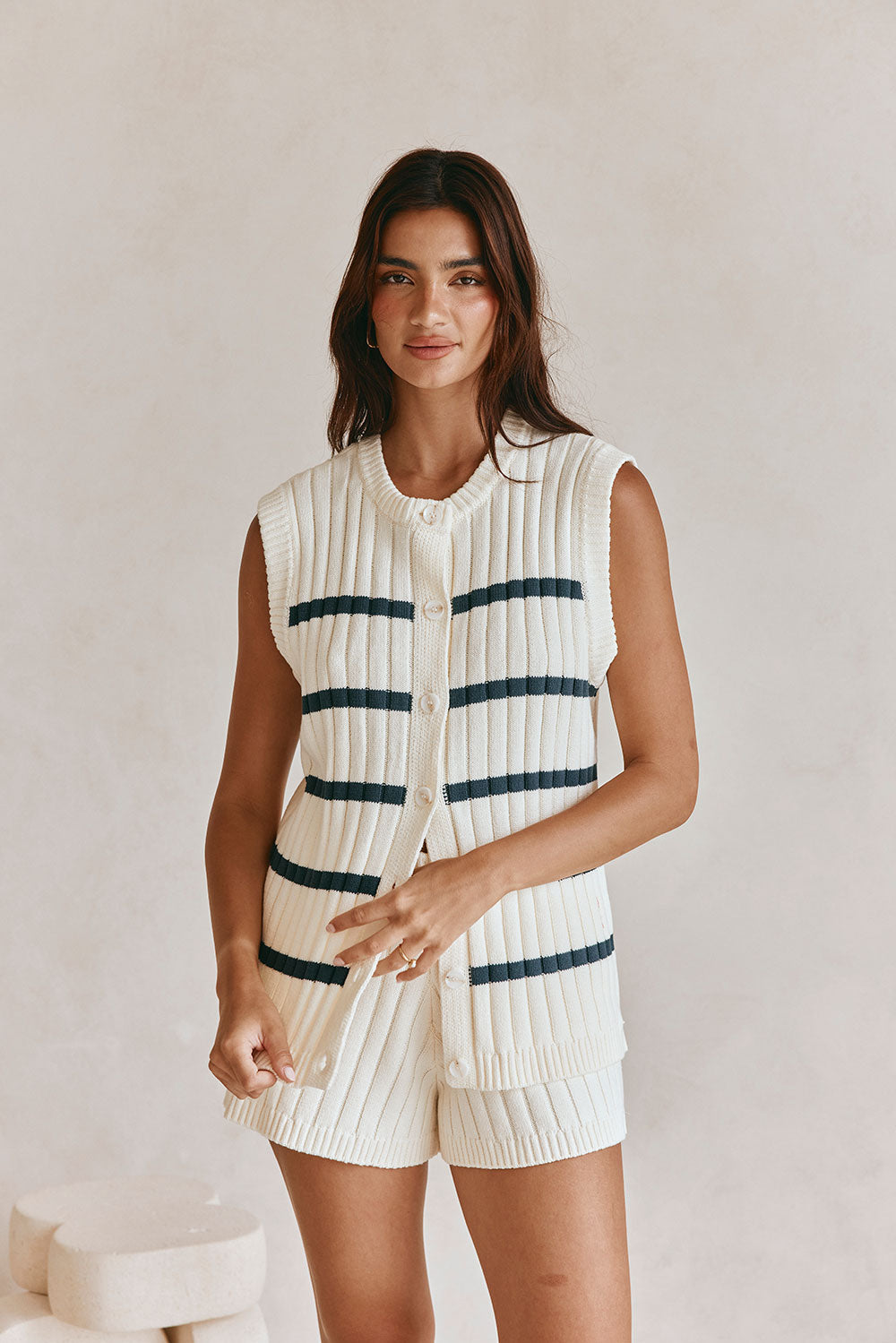 High - quality White with Navy Stripes Boxy Cotton Blend Rib Knit Depp Top