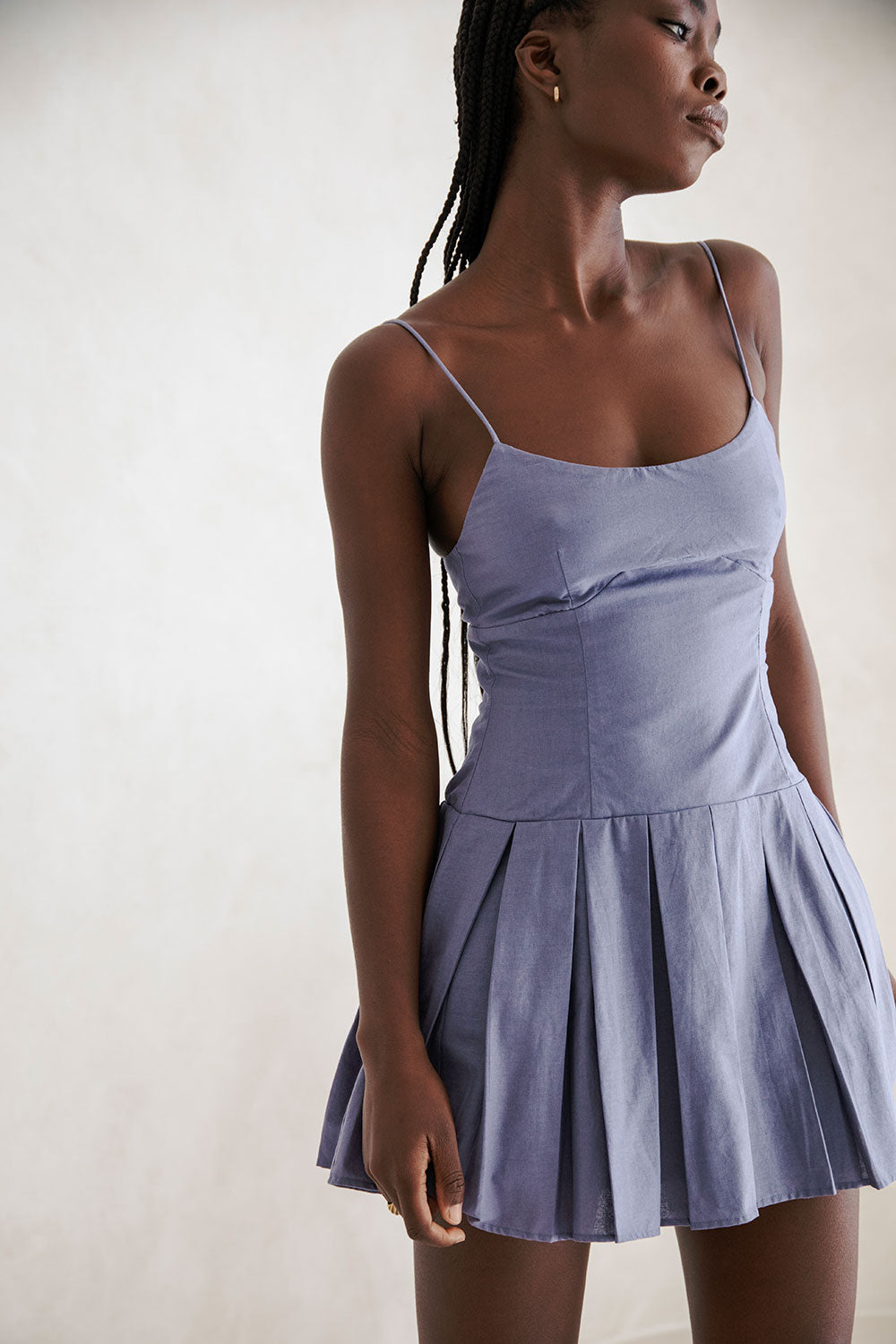 Exquisite Angelica Feminine Blue Linen Cotton Blend Dress