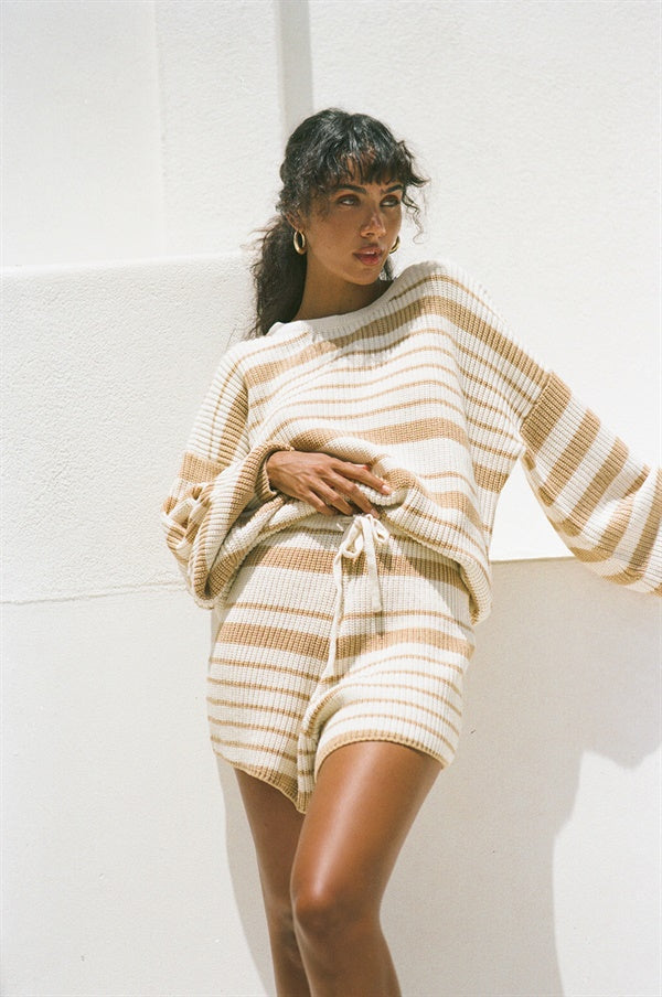 Cozy Cream Ribbed Mirai Knit Shorts with Tan Stripes