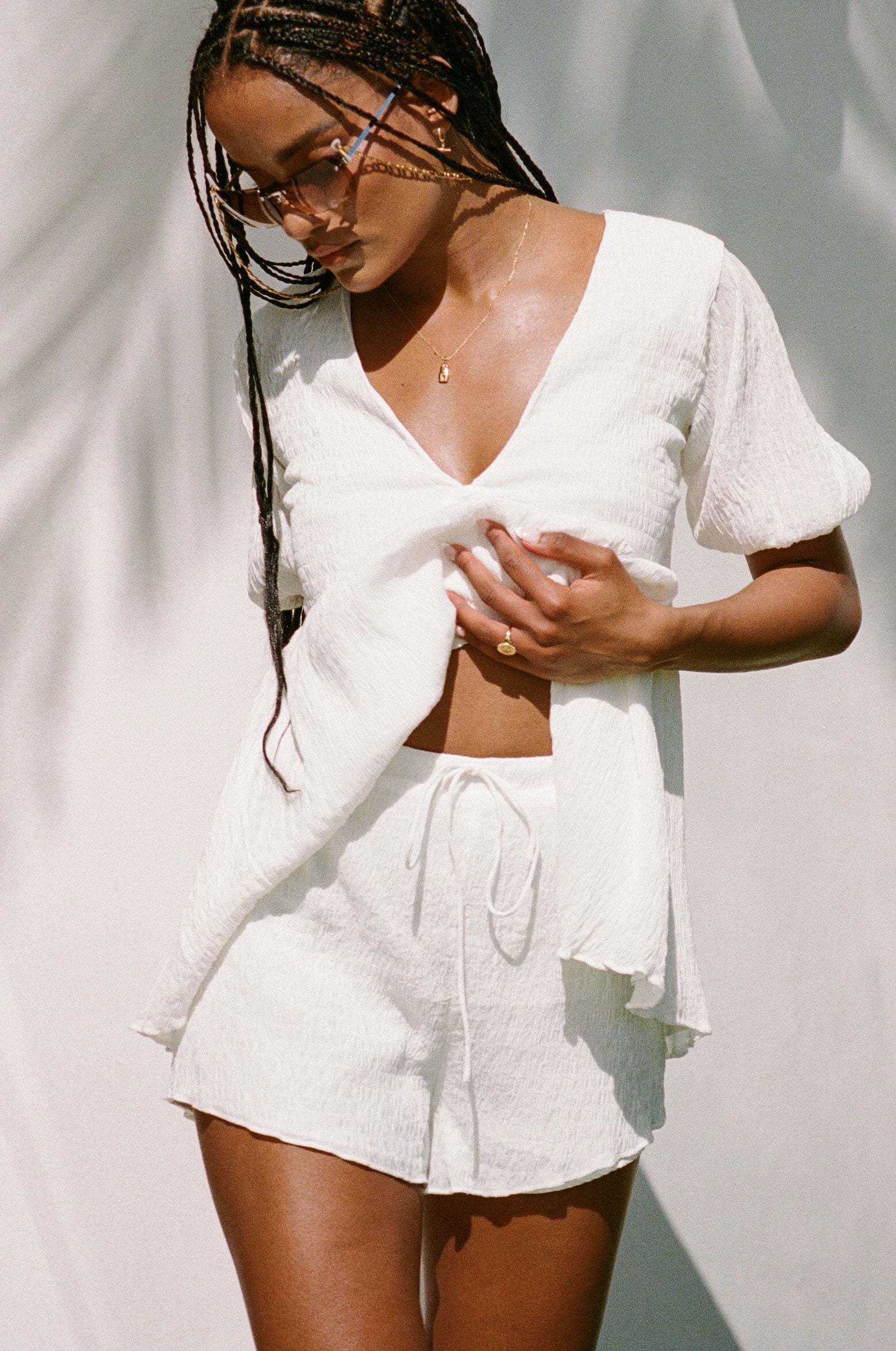 Lightweight White Textured Crepe Journee High - Waisted Shorts